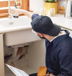 Technician repairing or inspecting connections on a residential water heater.