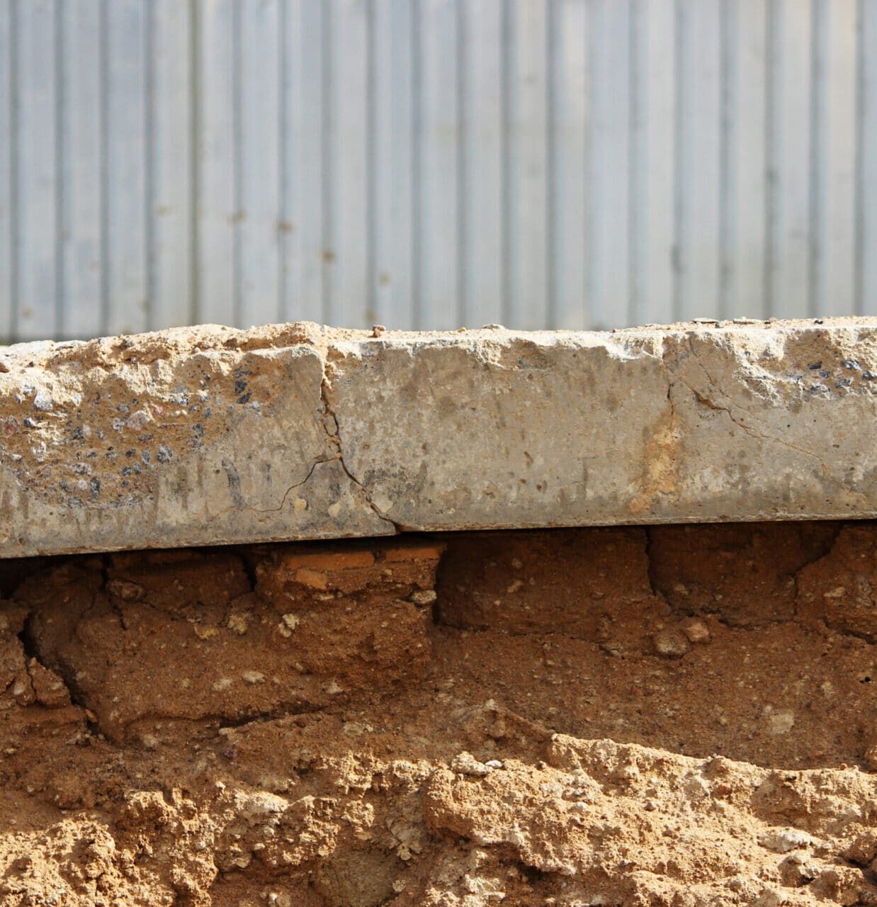Close-up of cracked concrete slab above exposed soil, showing signs of structural wear and possible erosion beneath.