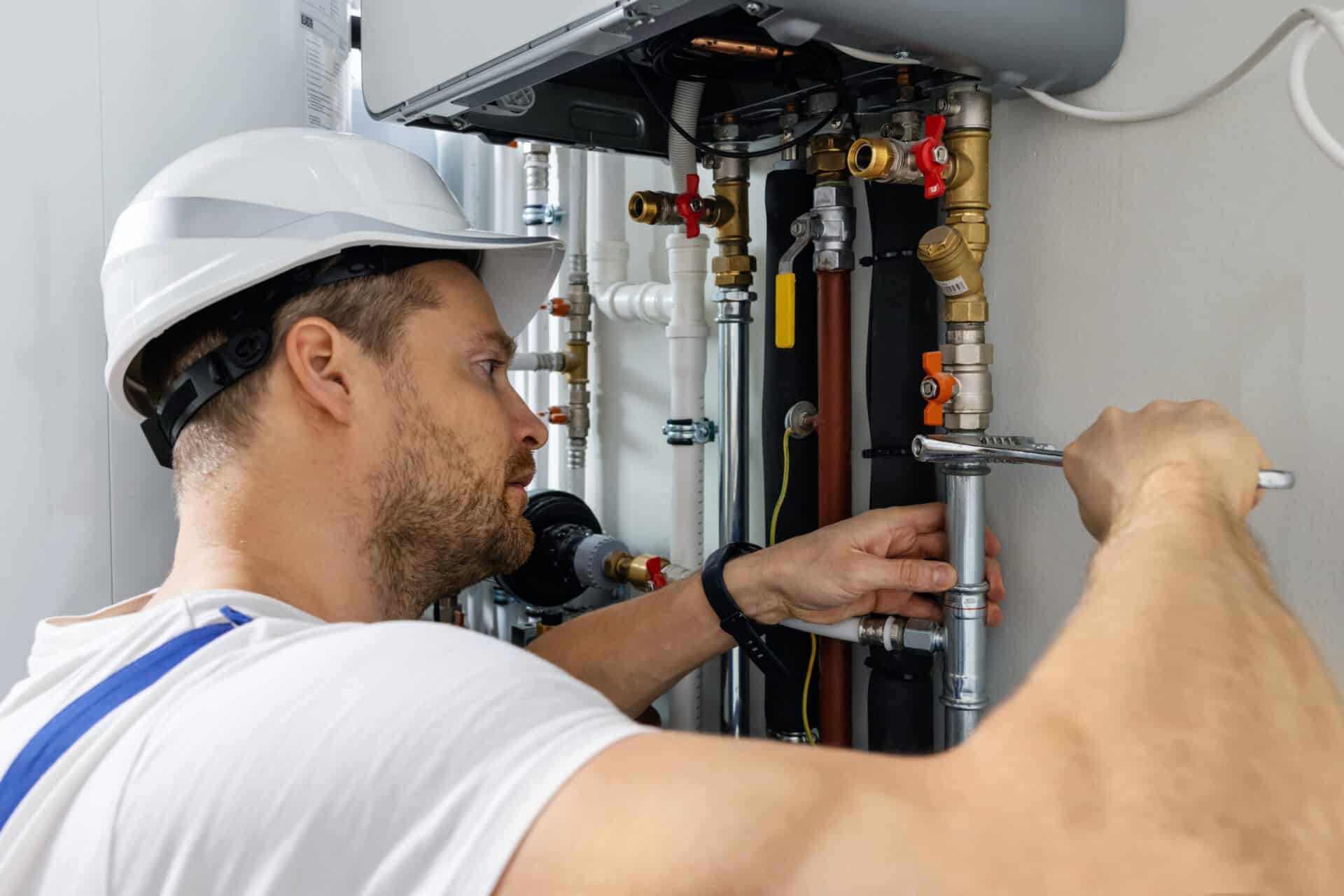 Plumber in a white hard hat using a wrench to tighten pipes connected to a heating or plumbing system, surrounded by valves, fittings, and insulated pipes.