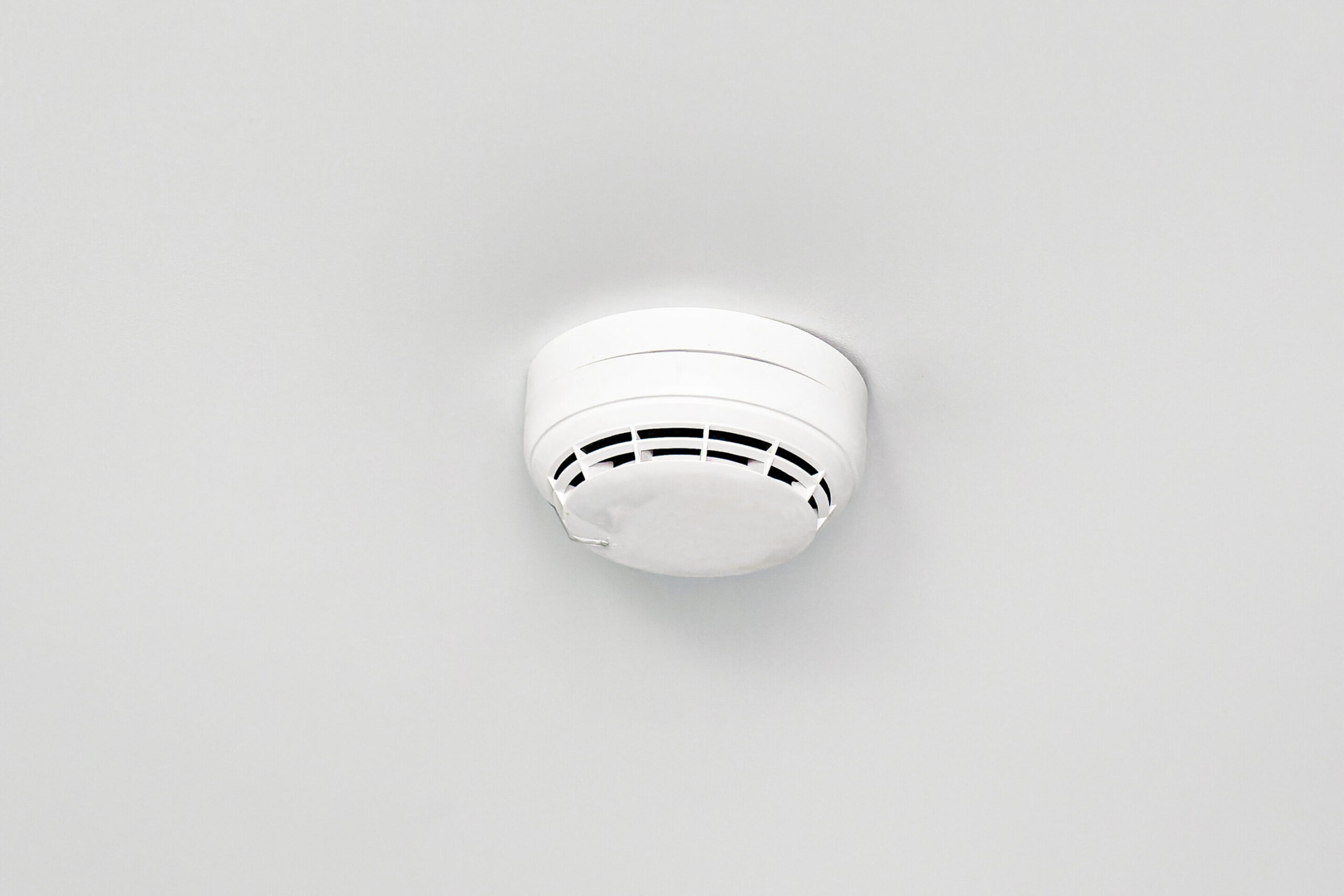 Close-up of a white smoke detector mounted on a ceiling.